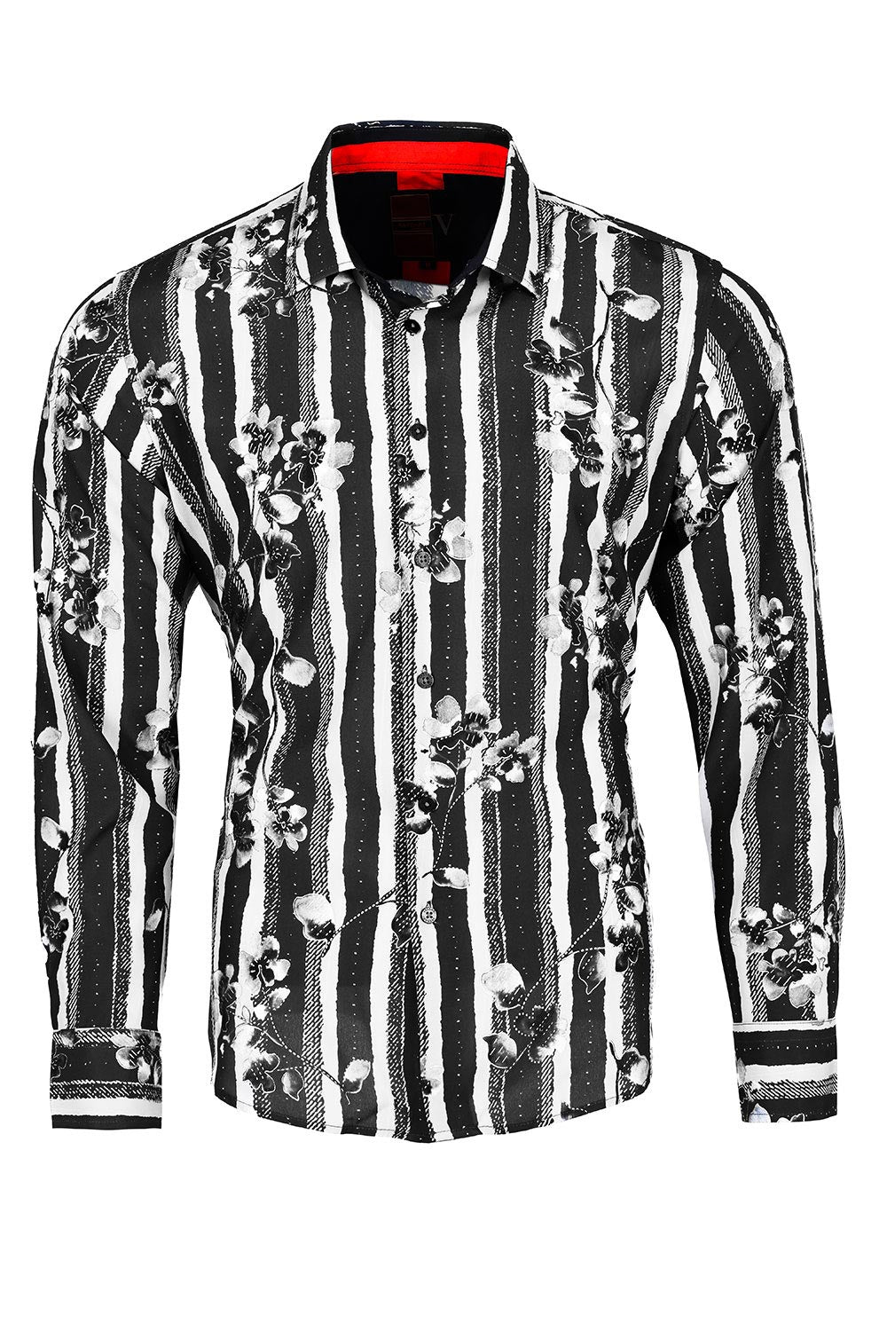 Vassari Men's Printed Striped Floral Long Sleeve Shirts 2VS122 Black