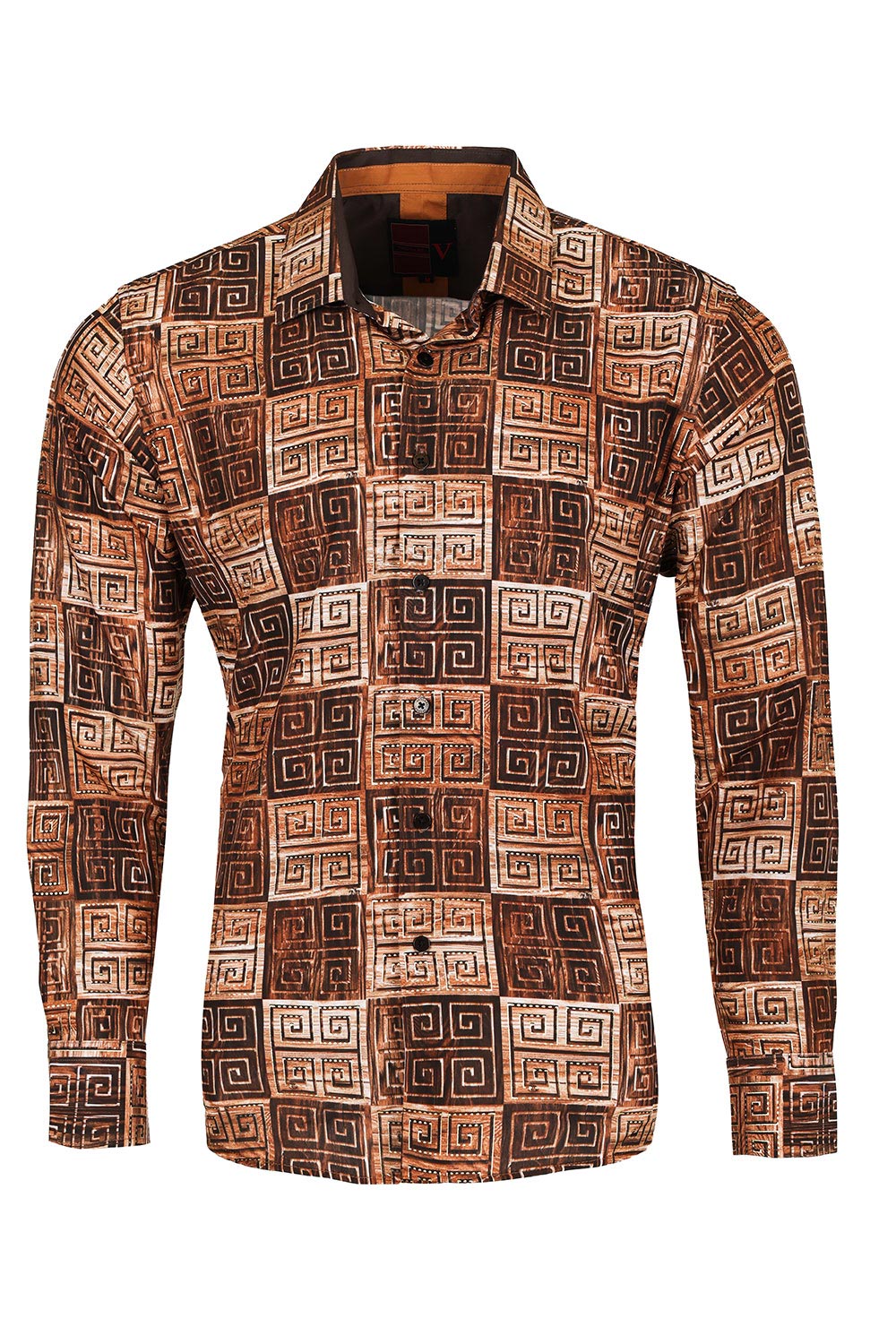 Vassari Men's Printed Multicolor Greek Key Pattern B Shirts VS125 Brown