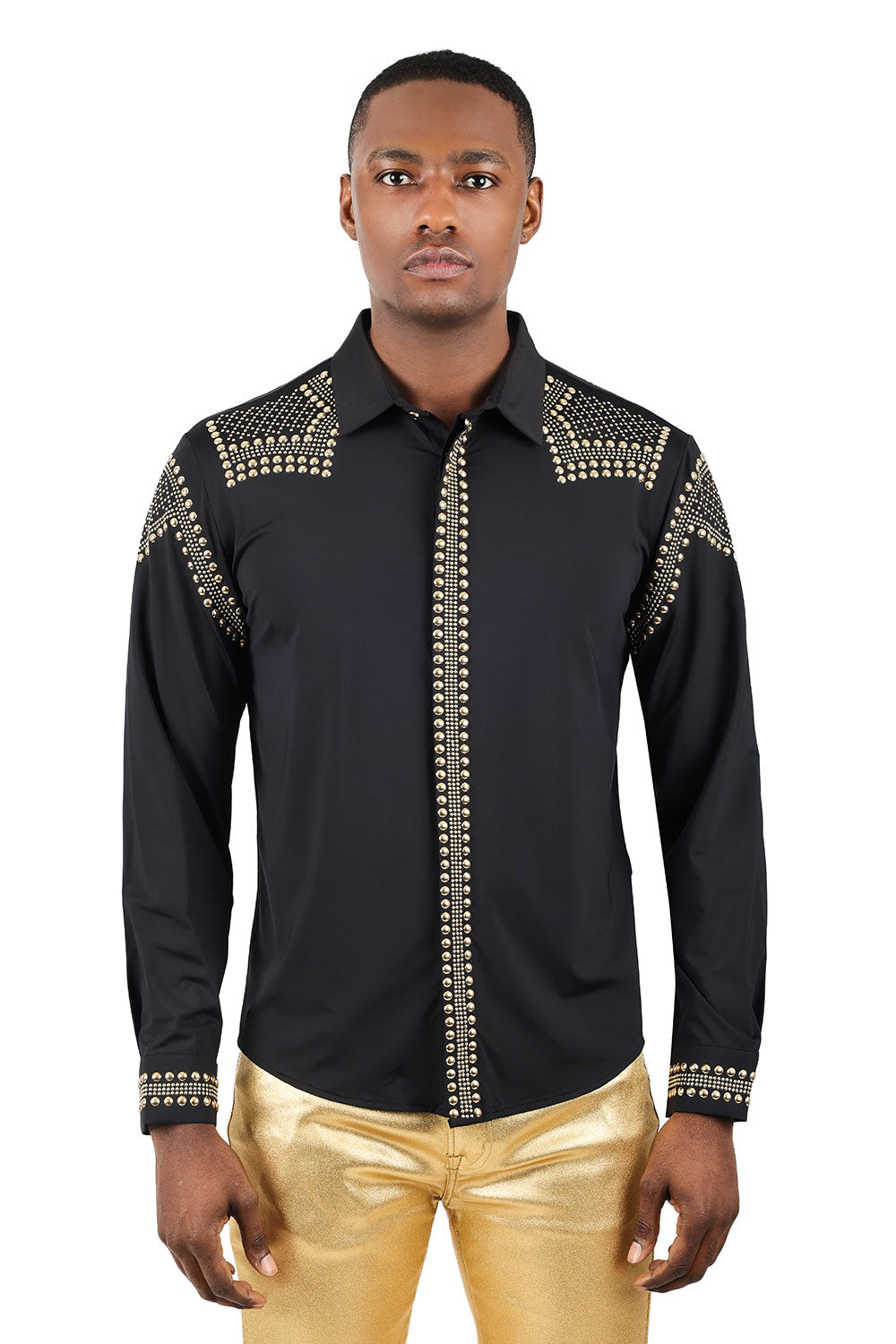 Barabas Men's Studded Premium Solid Long Sleeve Shirts 3B24 Black