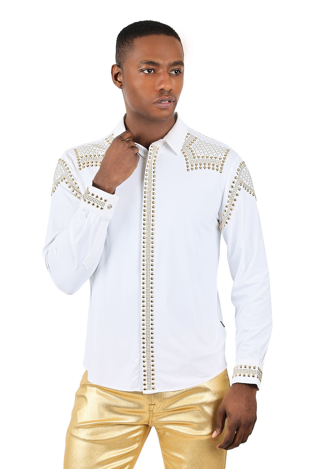 Barabas Men's Studded Premium Solid Long Sleeve Shirts 3B24 White GOld