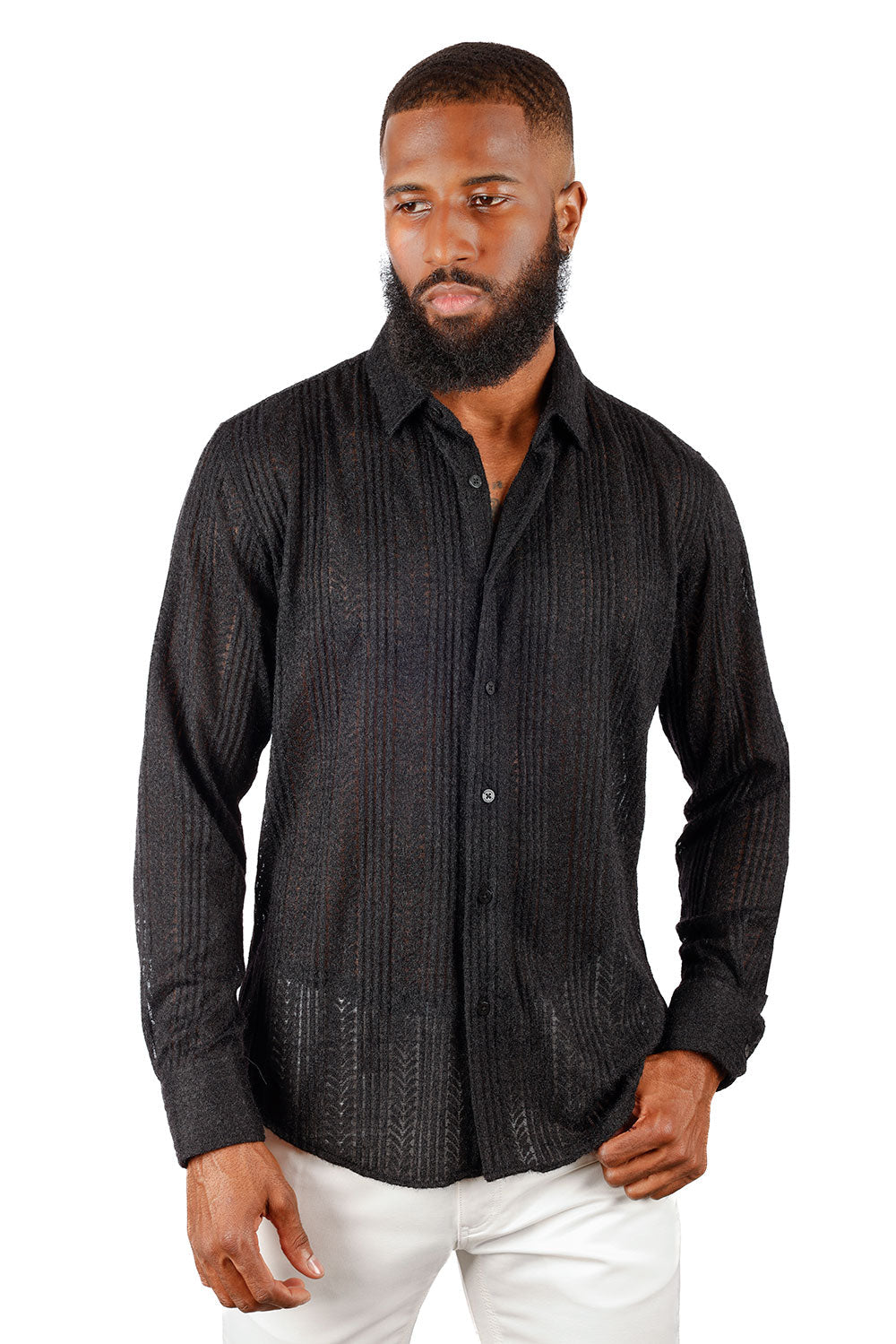 BARABAS Men's Cable Knit Wool Stretch Soft Long Sleeve Shirts 3B26 Black