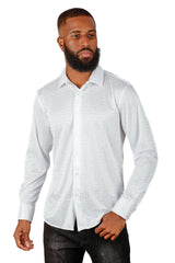 BARABAS Men's Greek Key Pattern Stretch Cotton Long Sleeve Shirts 3B27 White