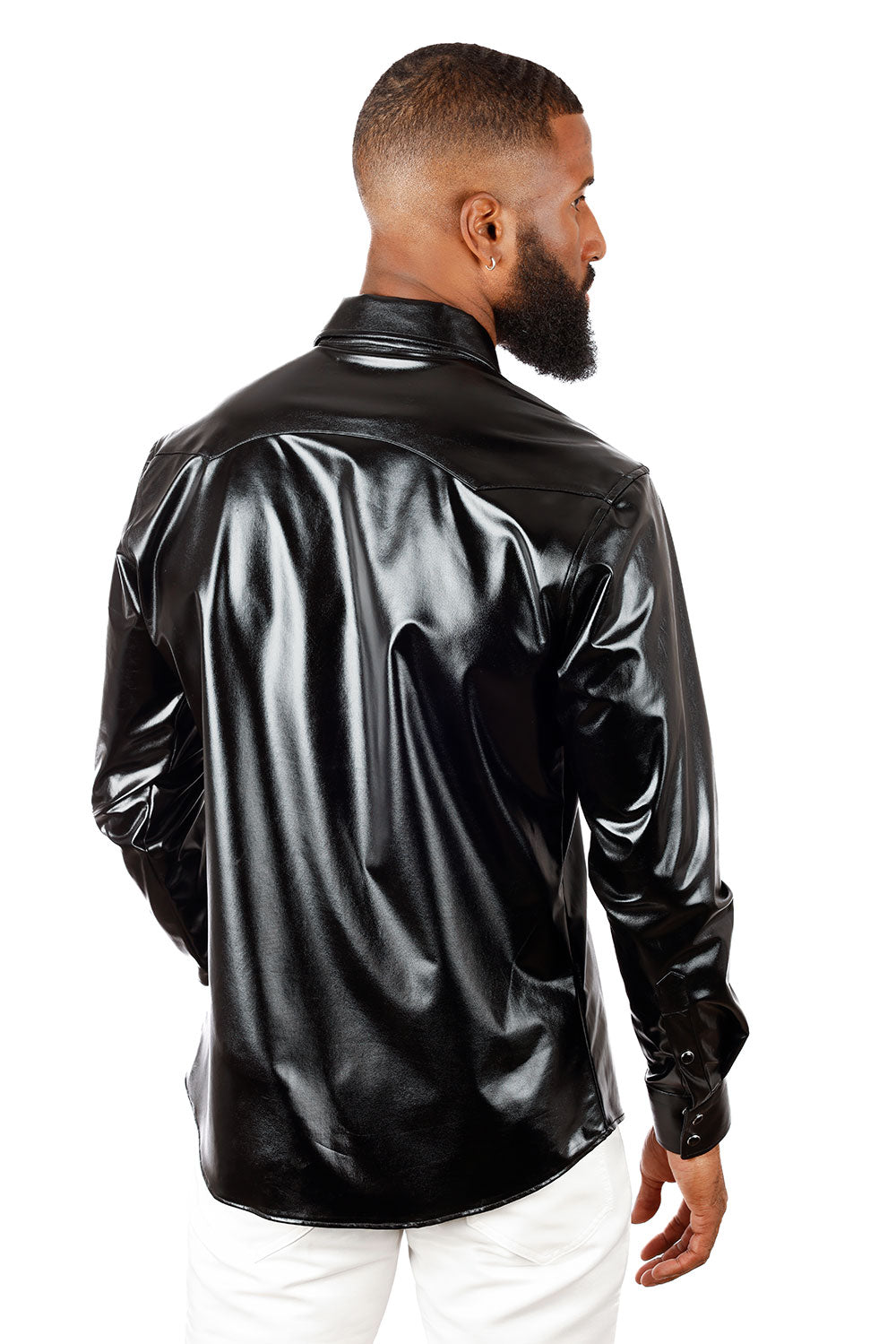 BARABAS Men's Shiny Metallic Stretch Long Sleeve Shirts 3B28 Black