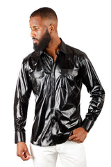 BARABAS Men's Shiny Metallic Stretch Long Sleeve Shirts 3B28 Black