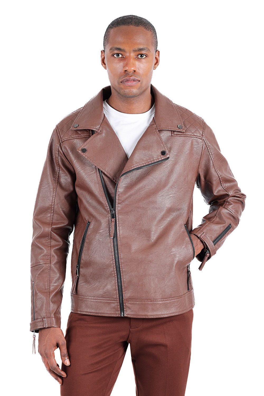 BARABAS Men's Faux Leather Zipper Closure Motorcycle Jacket 3JPU20 Coffee