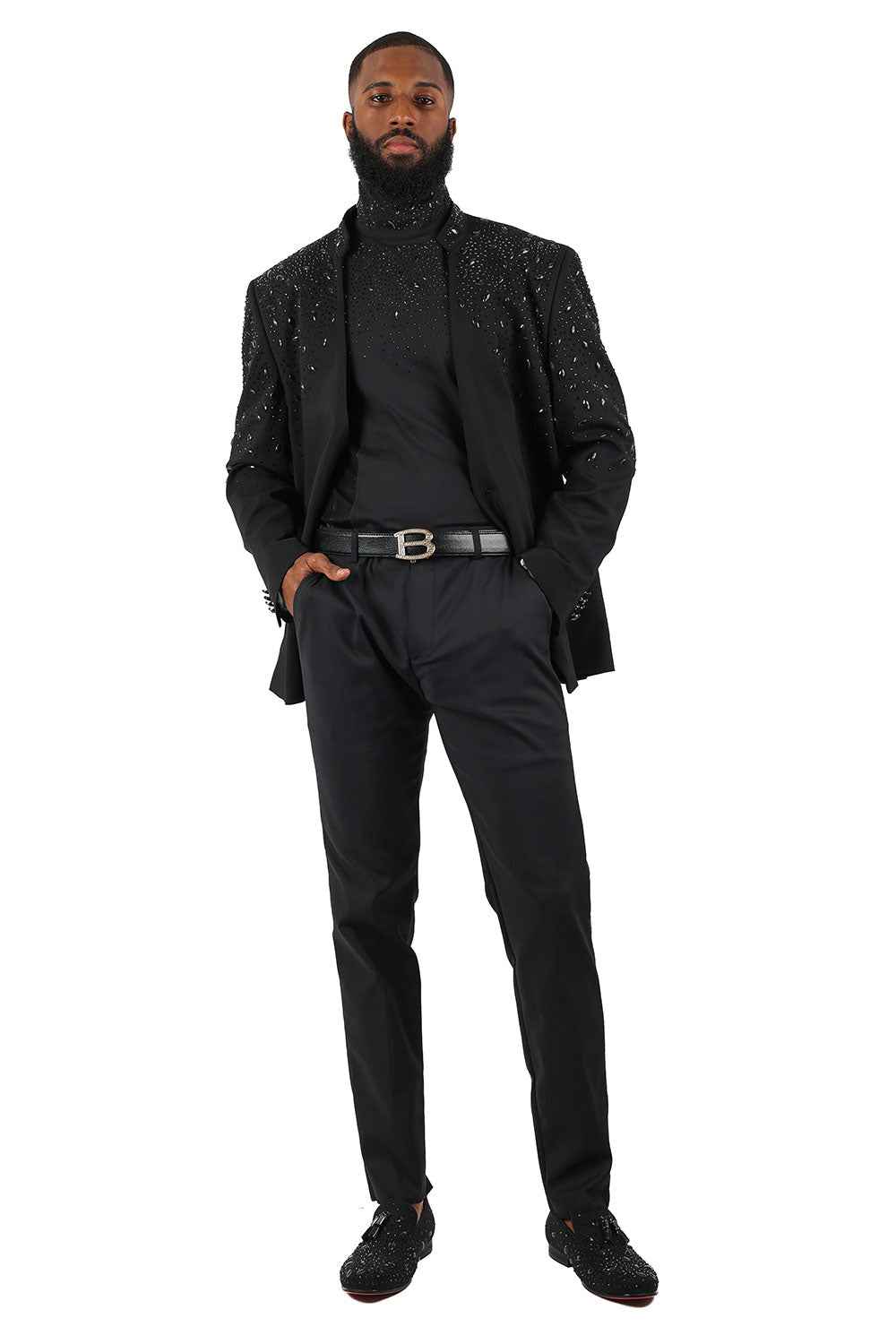 BARABAS Men's Luxury Rhinestone Long Sleeve Turtle Neck shirt 3MT04 Black and Black