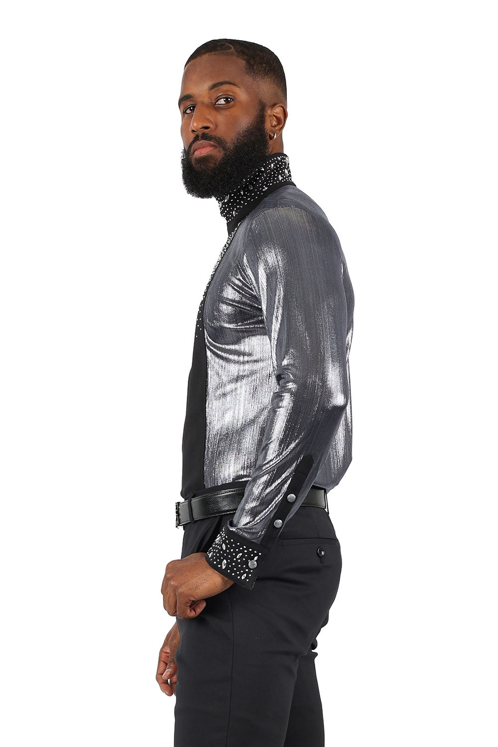 BARABAS Men's Luxury Rhinestone Long Sleeve Turtle Neck shirt 3MT04 Black and Silver