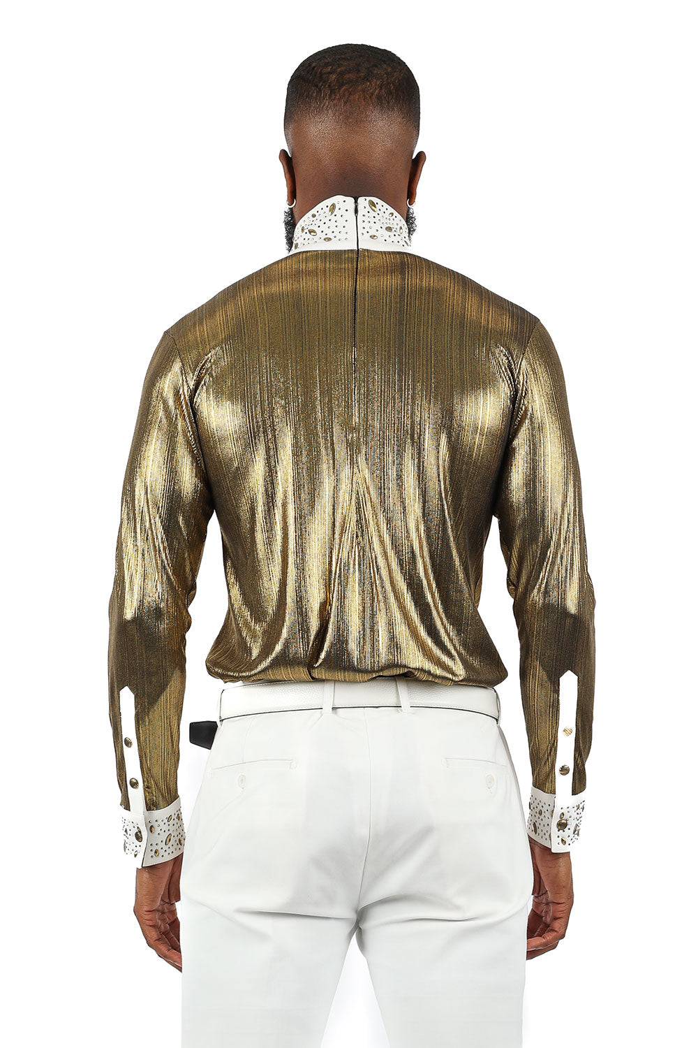 BARABAS Men's Luxury Rhinestone Long Sleeve Turtle Neck shirt 3MT04 White and Gold