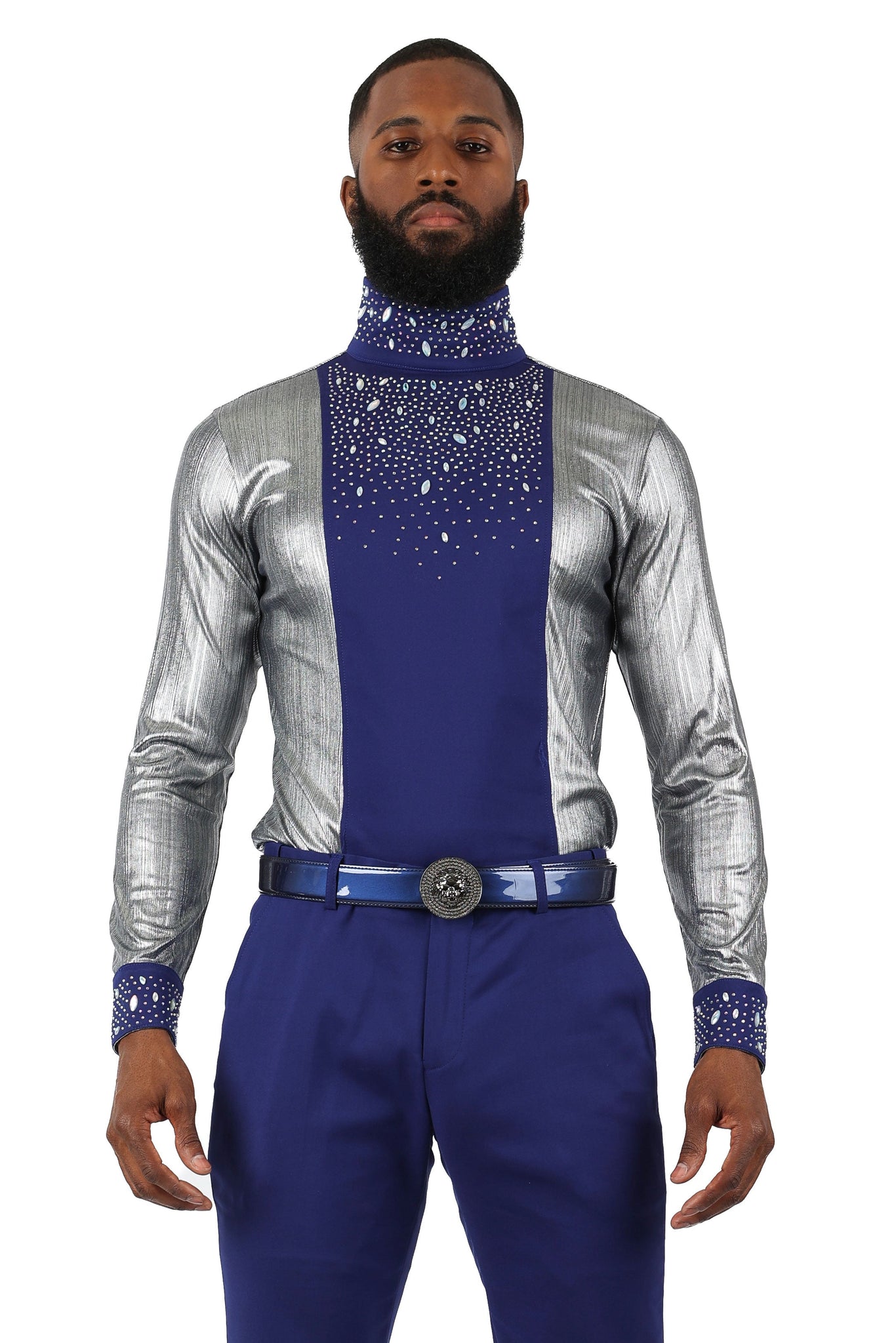 BARABAS Men's Luxury Rhinestone Long Sleeve Turtle Neck shirt 3MT04 Silver and Royal
