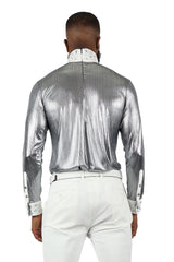 BARABAS Men's Luxury Rhinestone Long Sleeve Turtle Neck shirt 3MT04 White and Silver