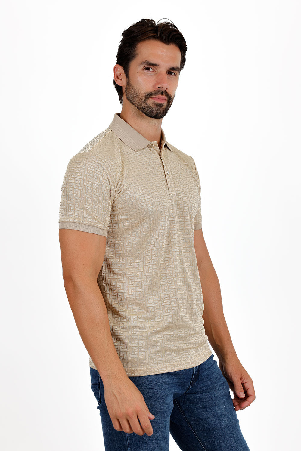 BARABAS Men's Greek Key Pattern Stretch Short Sleeve Polo Shirt 3P10 cream