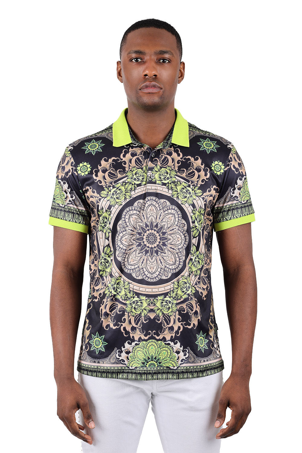 Barabas Men's Floral Circular Prints Graphic Tee Polo Shirts 3PSP13 Lime