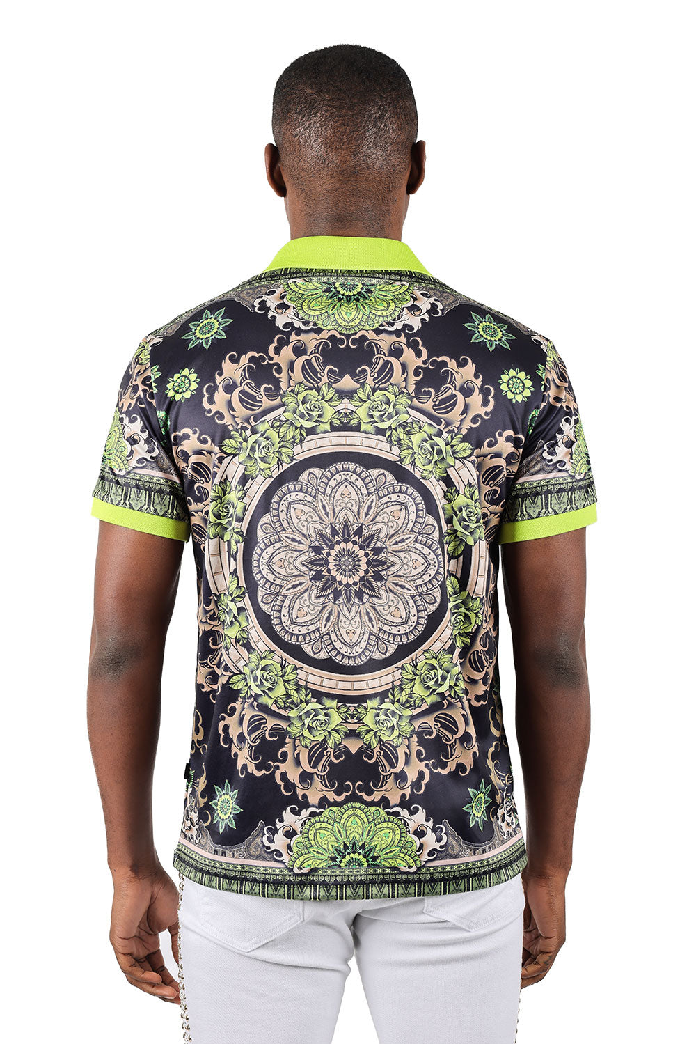 Barabas Men's Floral Circular Prints Graphic Tee Polo Shirts 3PSP13 Lime