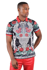 Barabas men's Rhinestone Floral Leopard Baroque Polo Shirts 3PSR18 Black