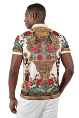 Barabas men's Rhinestone Floral Leopard Baroque Polo Shirts 3PSR18 Cream