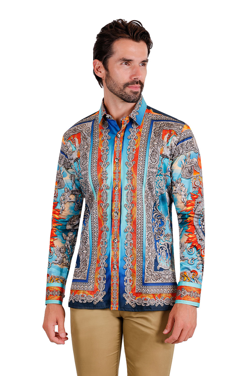 BARABAS Men's Rhinestone Floral Medusa Long Sleeve Shirts 3SPR401 Blue