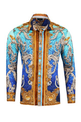 BARABAS Men's Rhinestone Baroque Animal Print Long Sleeve Shirts 3SPR402 Blue