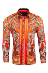 BARABAS Men's Rhinestone Baroque Animal Print Long Sleeve Shirts 3SPR402 Coral