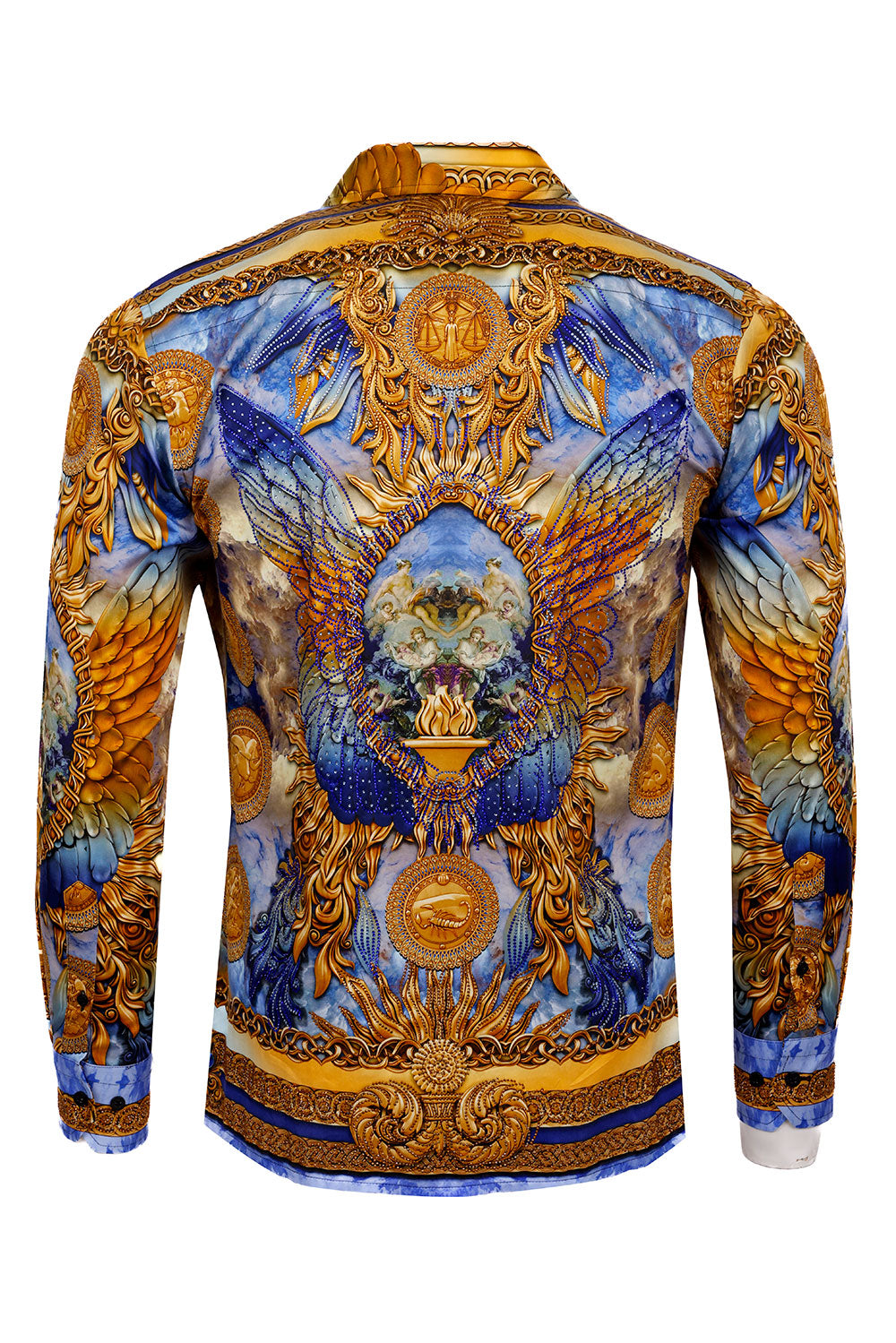 BARABAS Men's Rhinestone Angel Wings Long Sleeve Shirts 3SPR411 Blue