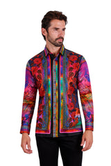 BARABAS Men's Rhinestone Horse StatueFloral Long Sleeve Shirt 3SPR412 Blue