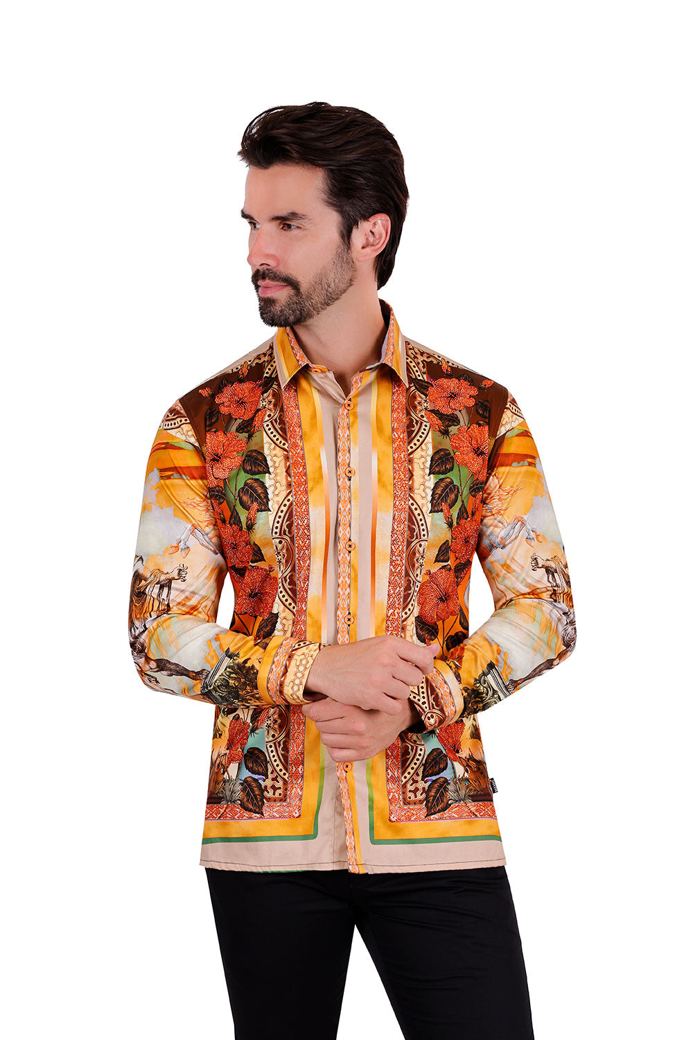 BARABAS Men's Rhinestone Horse Statue Floral Long Sleeve Shirt 3SPR412 Orange