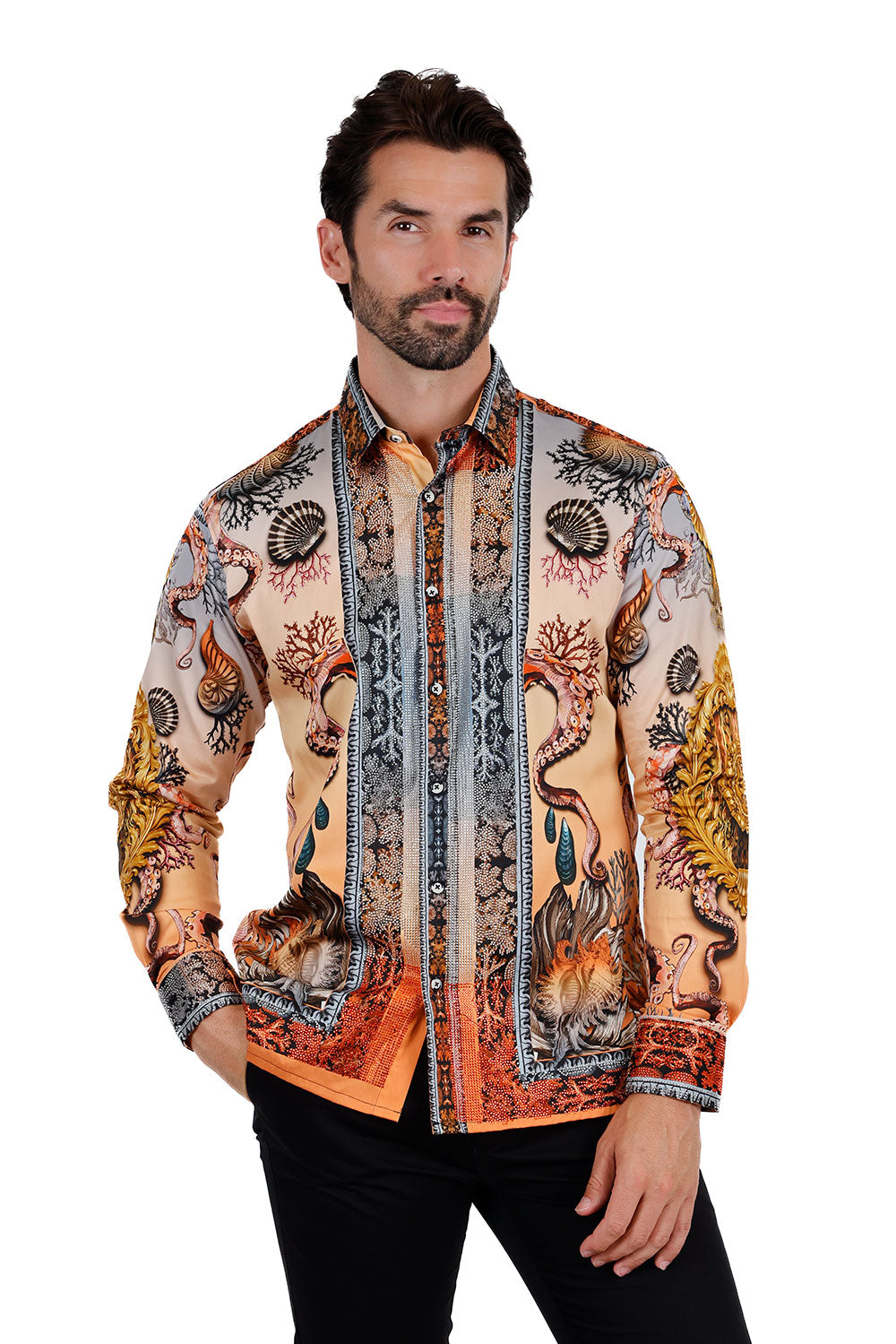 BARABAS Men's Rhinestone Sea Ocean Baroque Long Sleeve Shirts 3SPR417 Peach