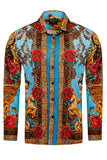 BARABAS Men's Rhinestone Floral Unicorn Long Sleeve Shirts 3SPR418 Turquoise
