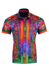 BARABAS Men's Tiger Floral Rhinestoned Short Sleeve Shirt 3SR400 Multicolor
