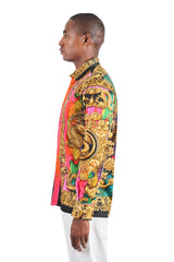 BARABAS Men's Floral Dragon Rhinestone Long Sleeve Shirts 3SPR405 Gold Multicolor