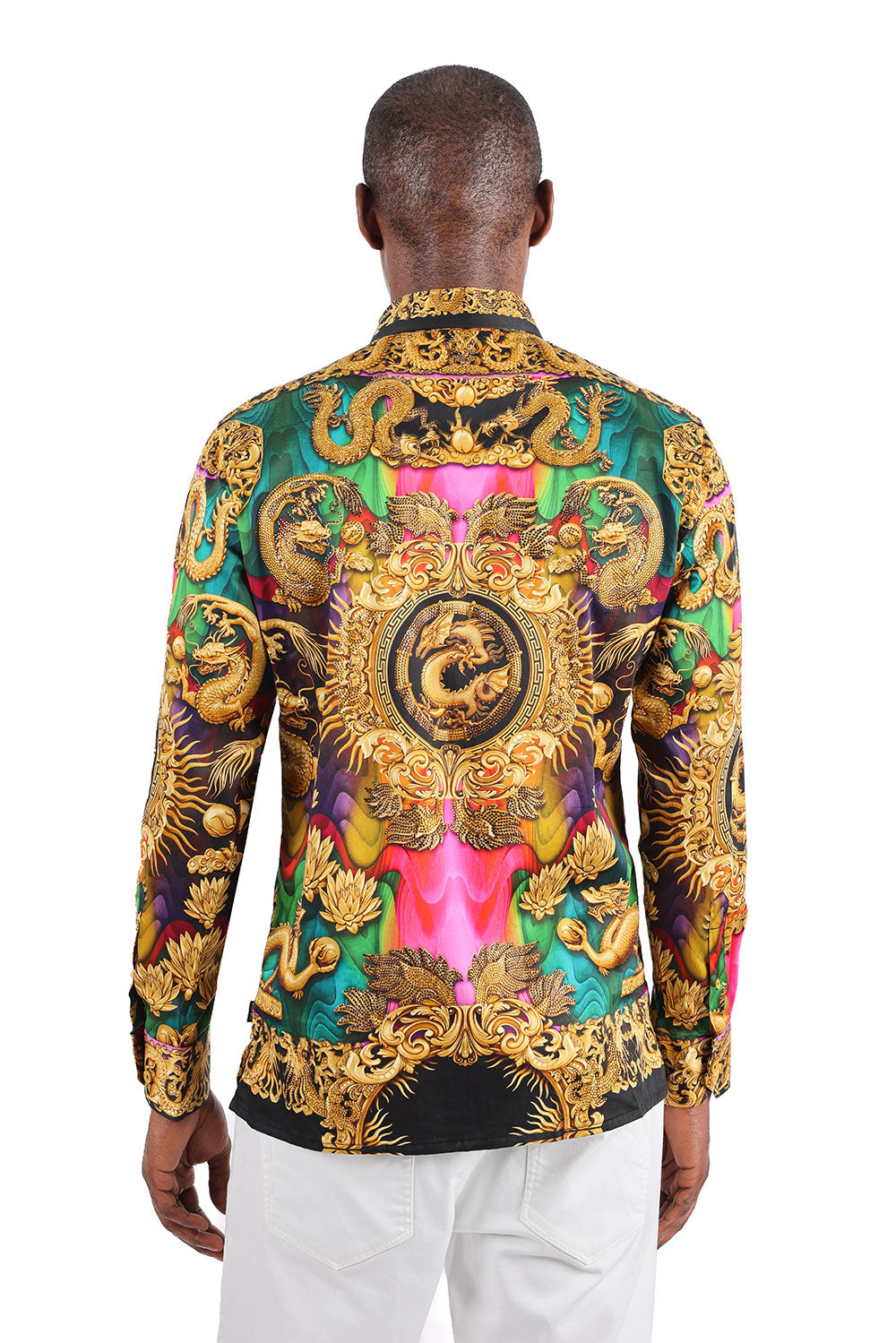 BARABAS Men's Floral Dragon Rhinestone Long Sleeve Shirts 3SPR405 Gold