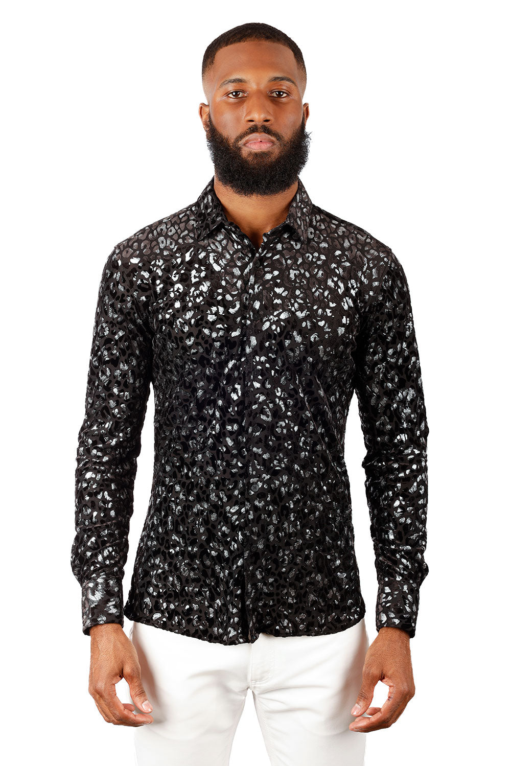 BARABAS Men's See Through Leopard Long Sleeve Button Down Shirt 3SVL19 Silver