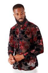BARABAS Men's See Through Floral Long Sleeve Button Down Shirt 3SVL30 Black Red