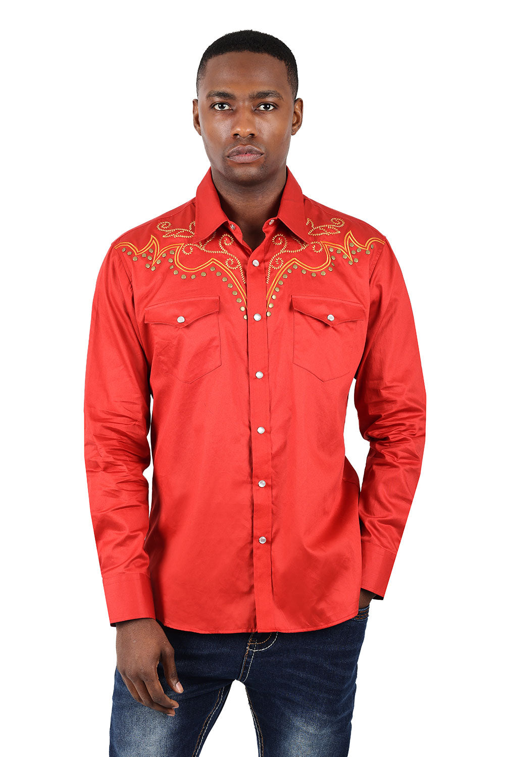 BARABAS Men's Floral Horseshoe Studded Long Sleeve Shirts 3WS2 Rust