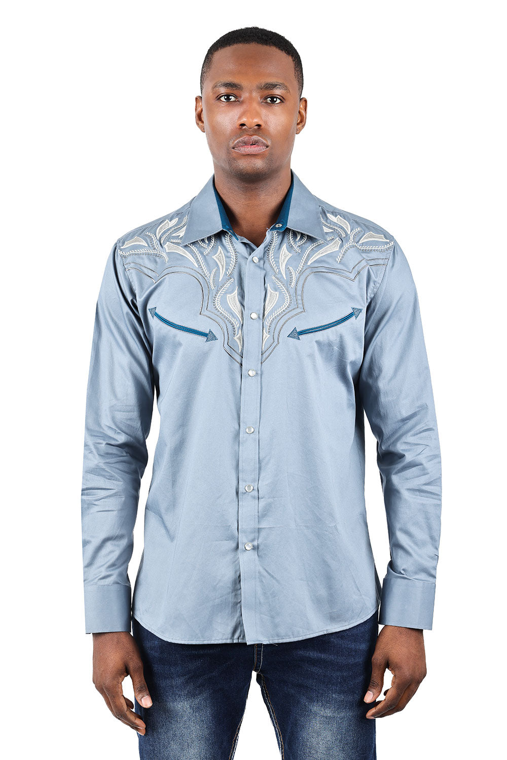 BARABAS Men's Arrows Floral Long Sleeve Studded Western Shirts 3WS3 Blue