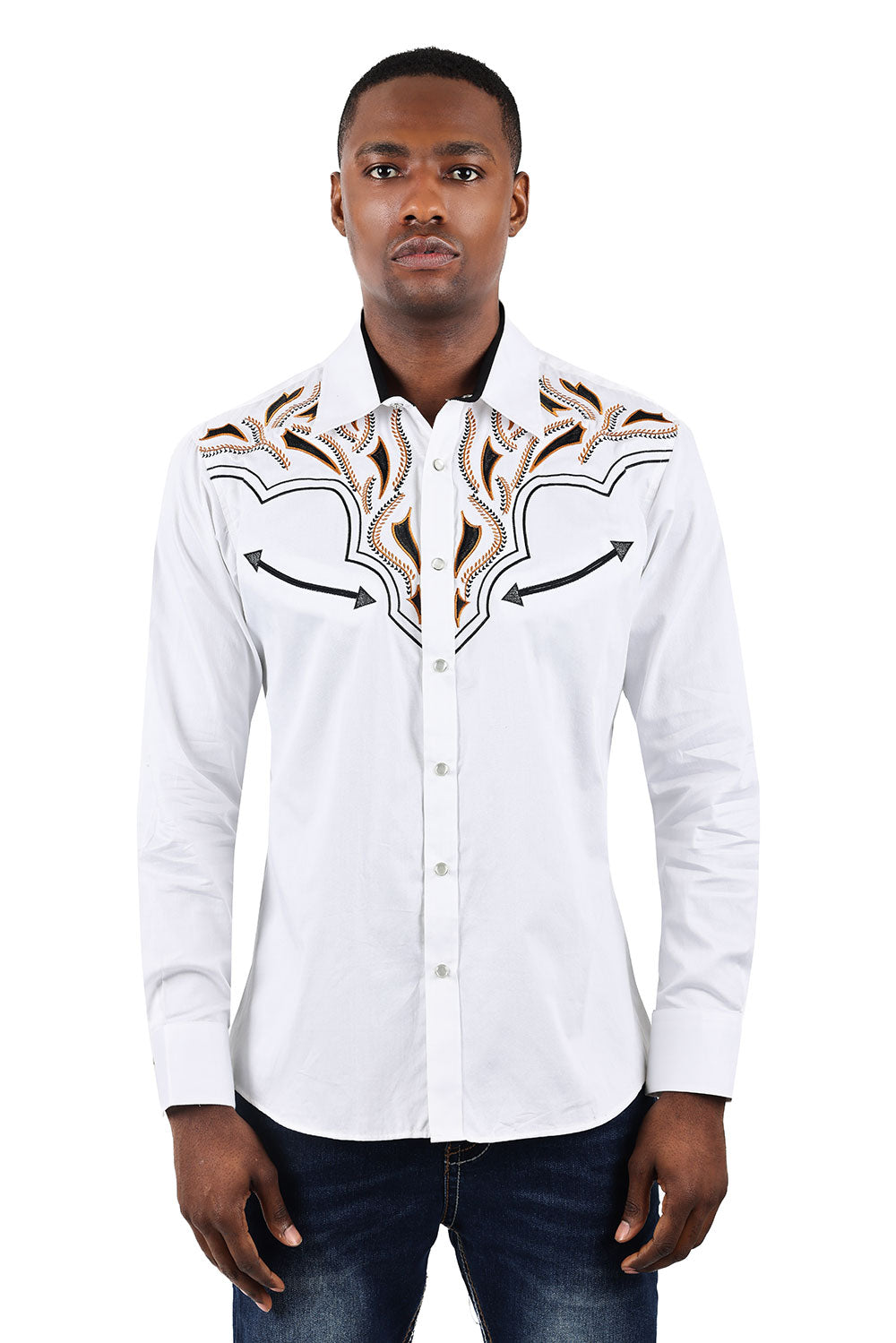 BARABAS Men's Arrows Floral Long Sleeve Studded Western Shirts 3WS3 White