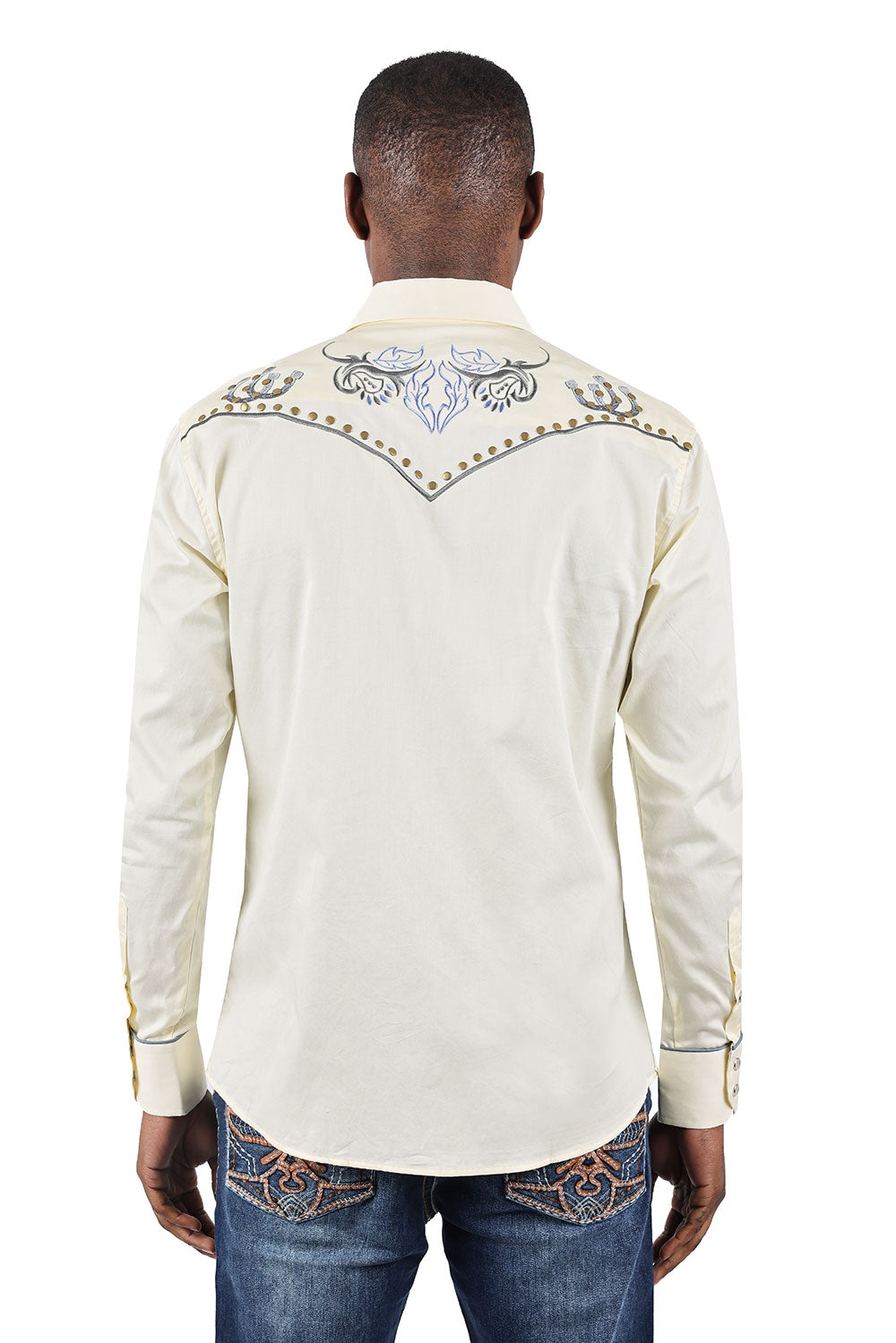 BARABAS Men's Horseshoe Floral Embroidery Long Sleeve Shirts 3WS6 Cream