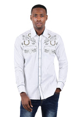 BARABAS Men's Horseshoe Floral Embroidery Long Sleeve Shirts 3WS6 White