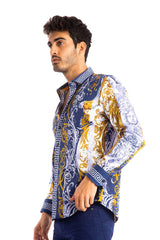 Barabas Men's  Blue Greek Medusa rhinestone button down dress Shirts B286ST