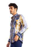 Barabas Men's  Blue Greek Medusa rhinestone button down dress Shirts B286ST