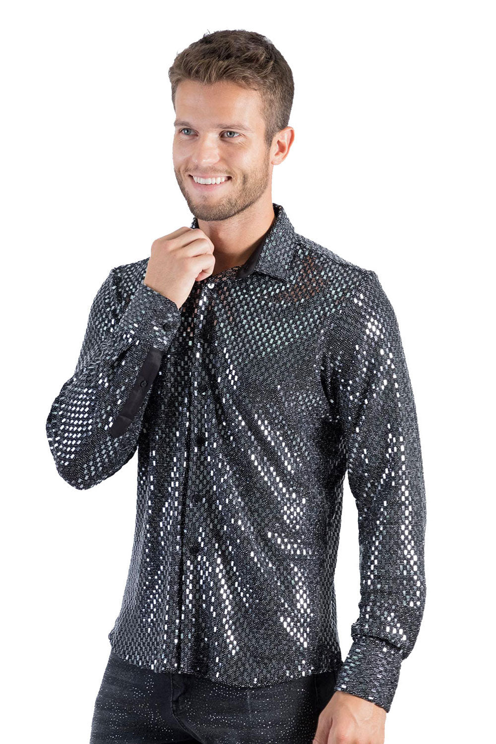 BARABAS Men's Shiny Sparkly Geometric Design Button Down Shirt B300 