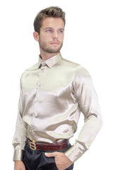 Men's Shinny Solid Color Button Down Long Sleeves Shirts B3202 Beige