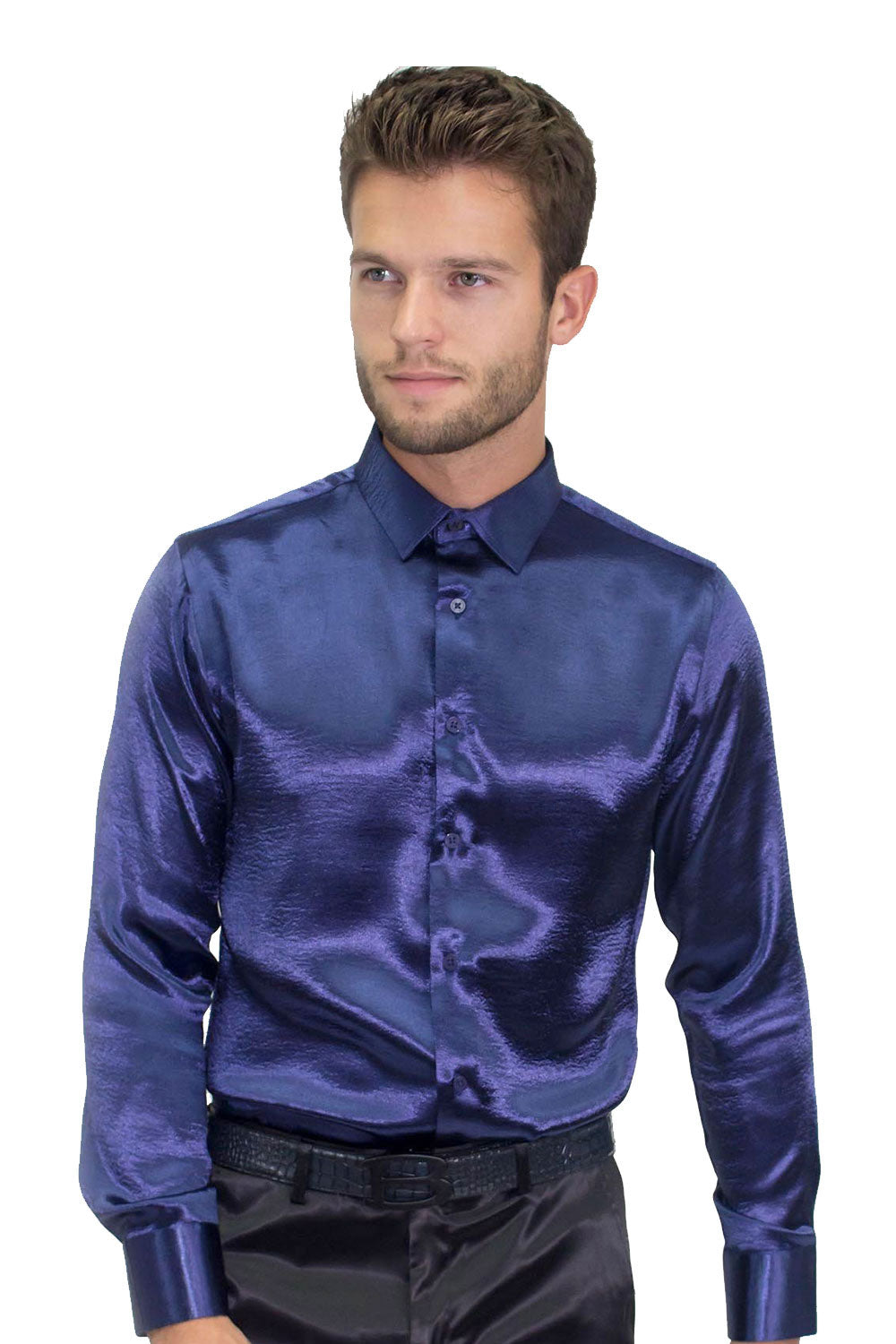 BARABAS Men shinny solid color button down dress Shirts B302 Navy