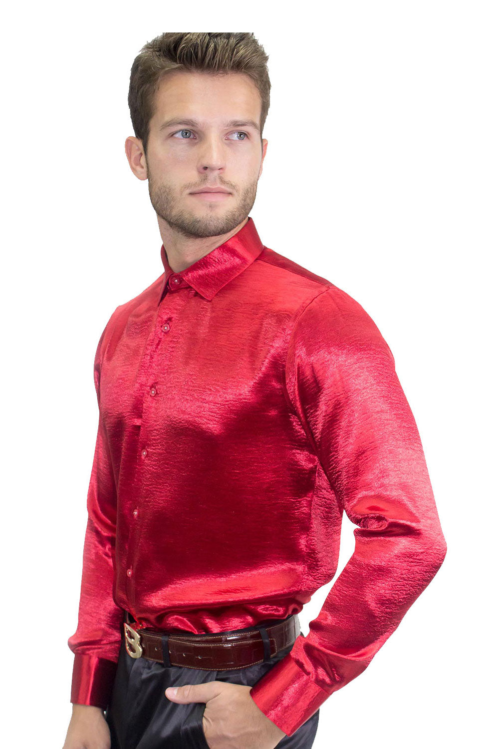 Men's Shinny Solid Color Button Down Long Sleeves Shirts B3202 Red