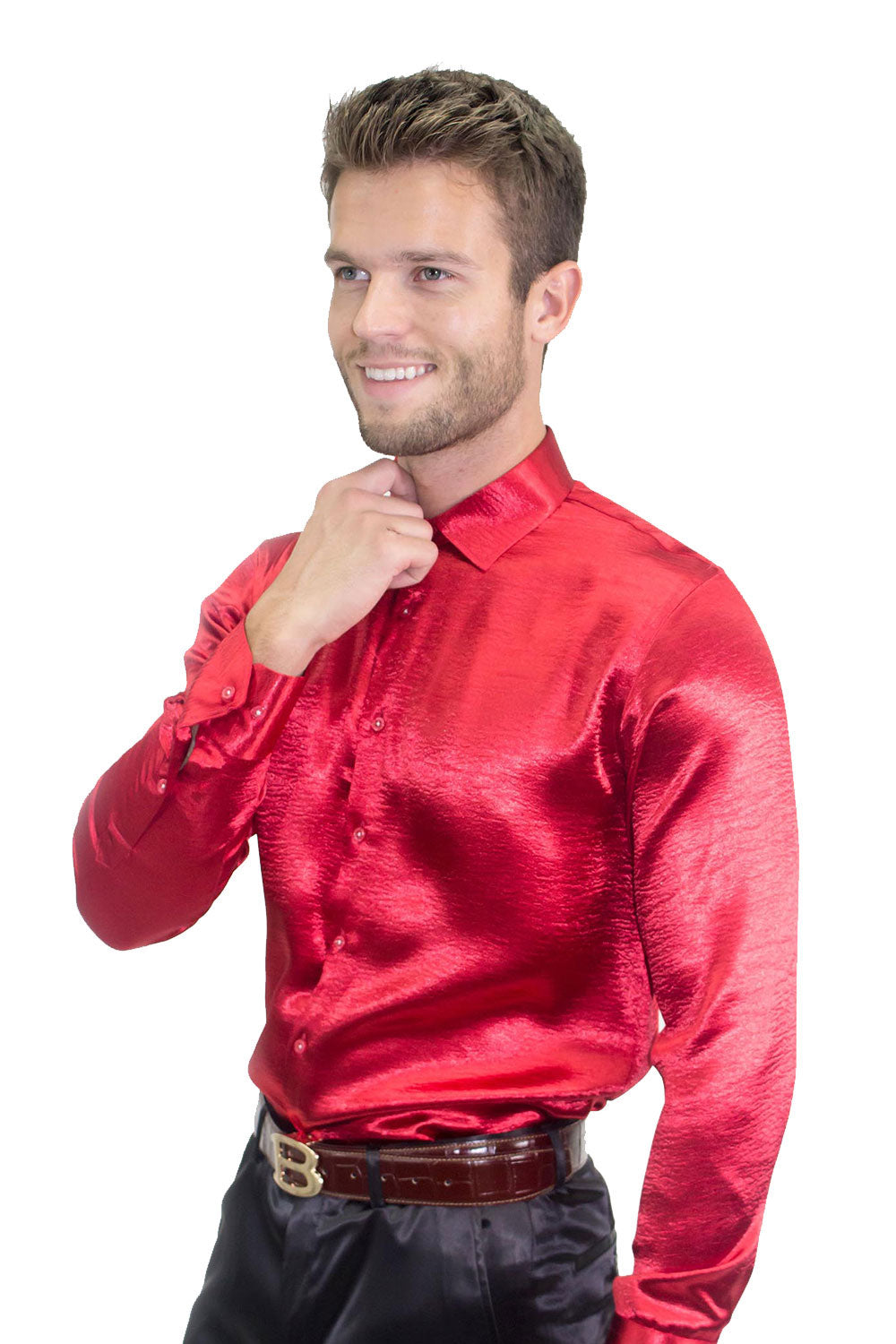 Men's Shinny Solid Color Button Down Long Sleeves Shirts B3202 Red