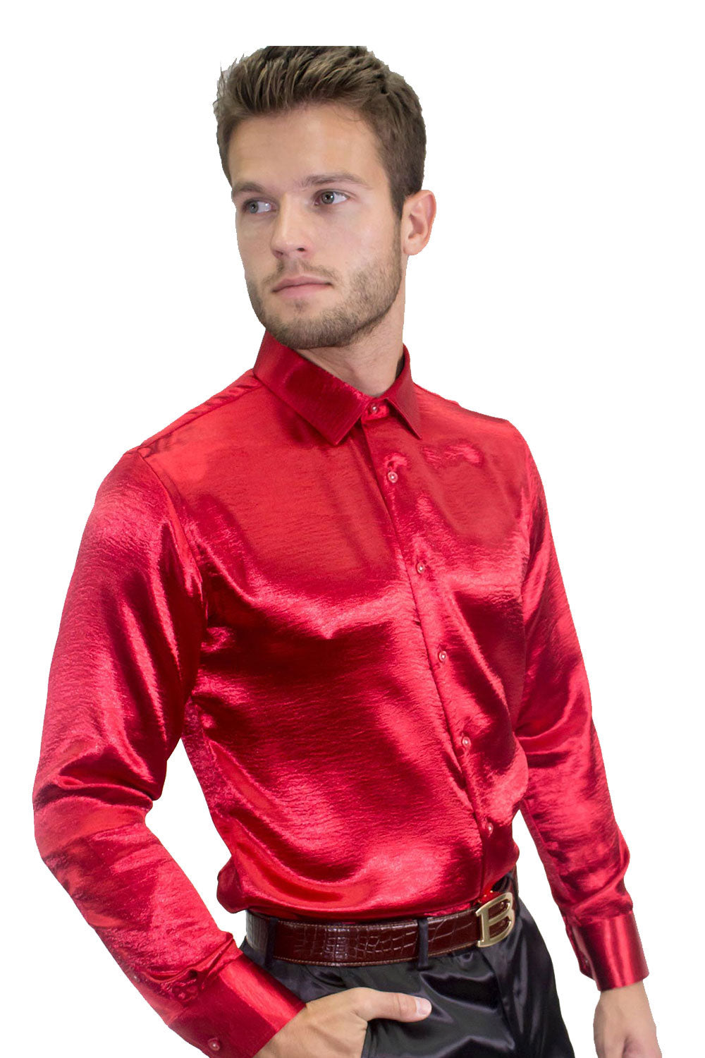BARABAS Men shinny solid color button down dress Shirts B302 Red