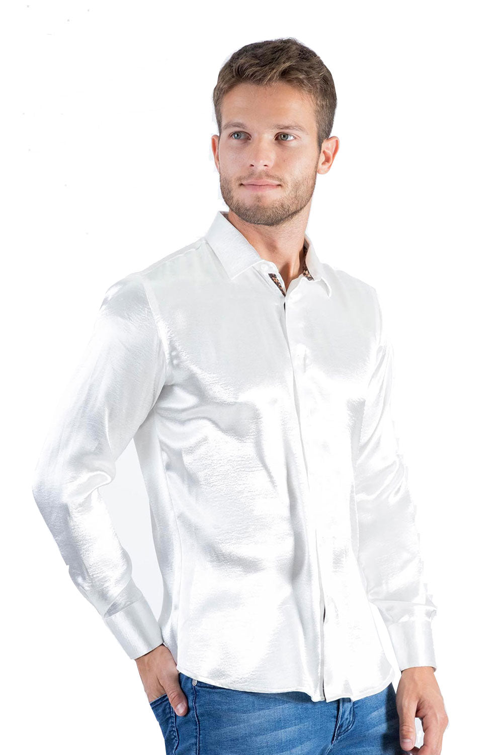 BARABAS Men shinny solid color button down dress Shirts B302 white