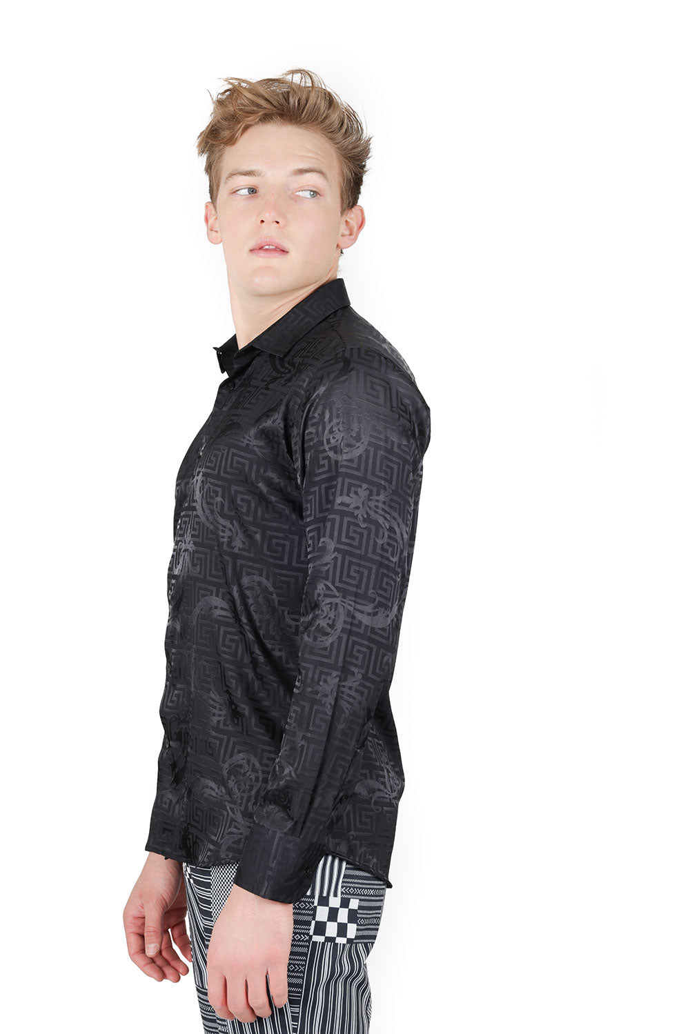 Barabas Wholesale Men's Greek Key Baroque Long Sleeve Button Down Shirt B313 black