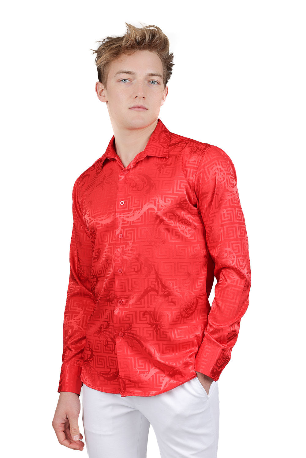 Barabas Wholesale Men's Greek Key Baroque Long Sleeve Button Down Shirt B313 red