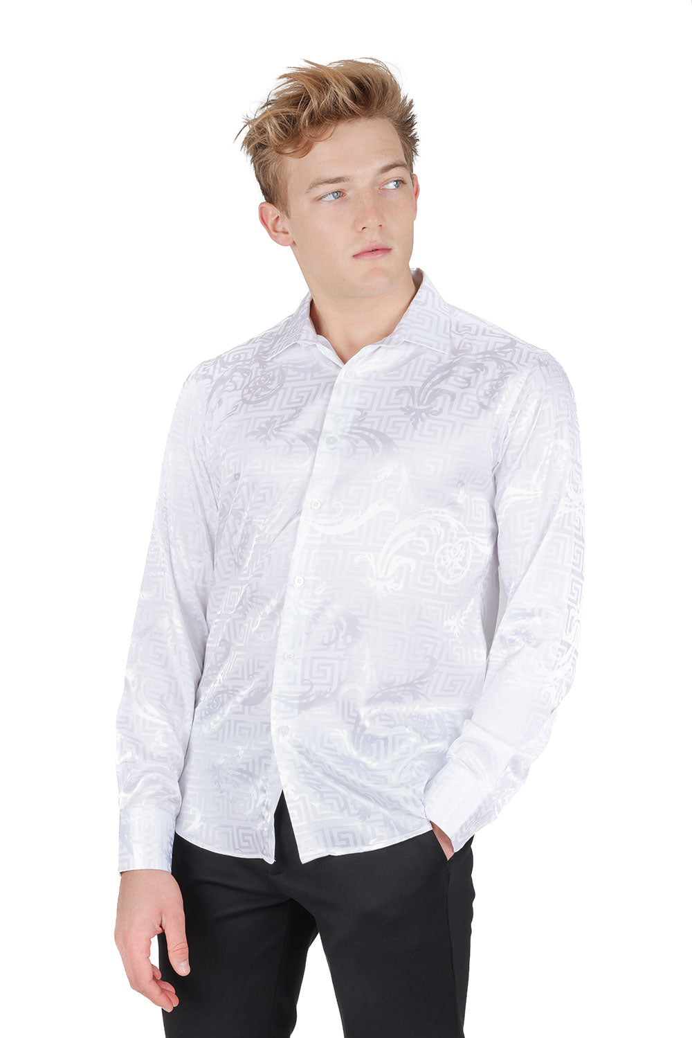 Barabas Wholesale Men's Greek Key Baroque Long Sleeve Button Down Shirt B313 white