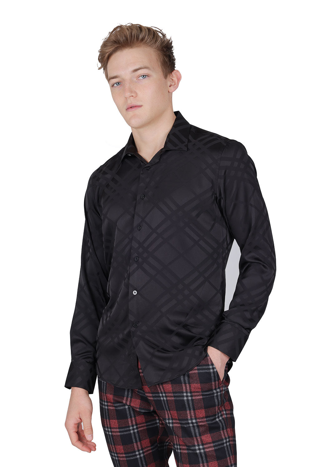 Barabas Men's Textured Diamond Geometric button down dress shirts B319 Black